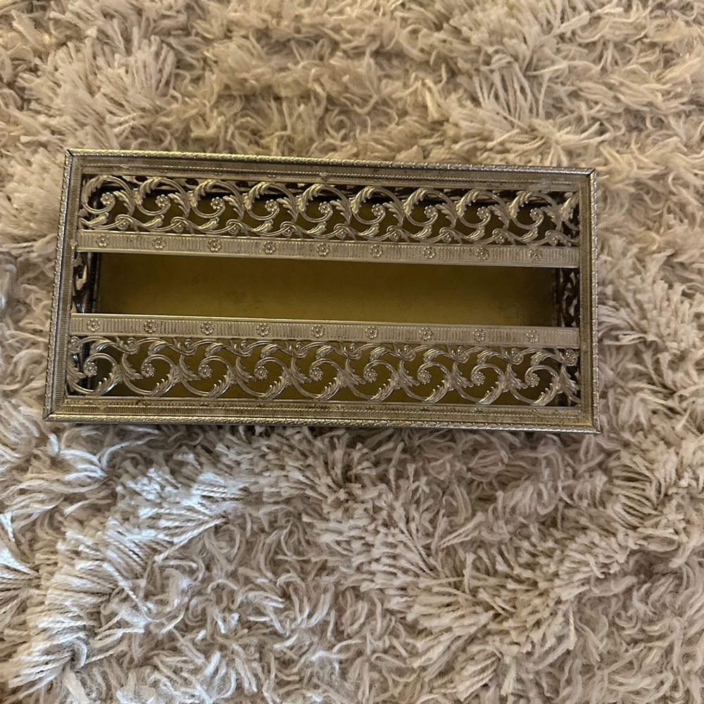Vintage Hollywood Regency  Ornate Filigree Tissue Box Holder , Footed